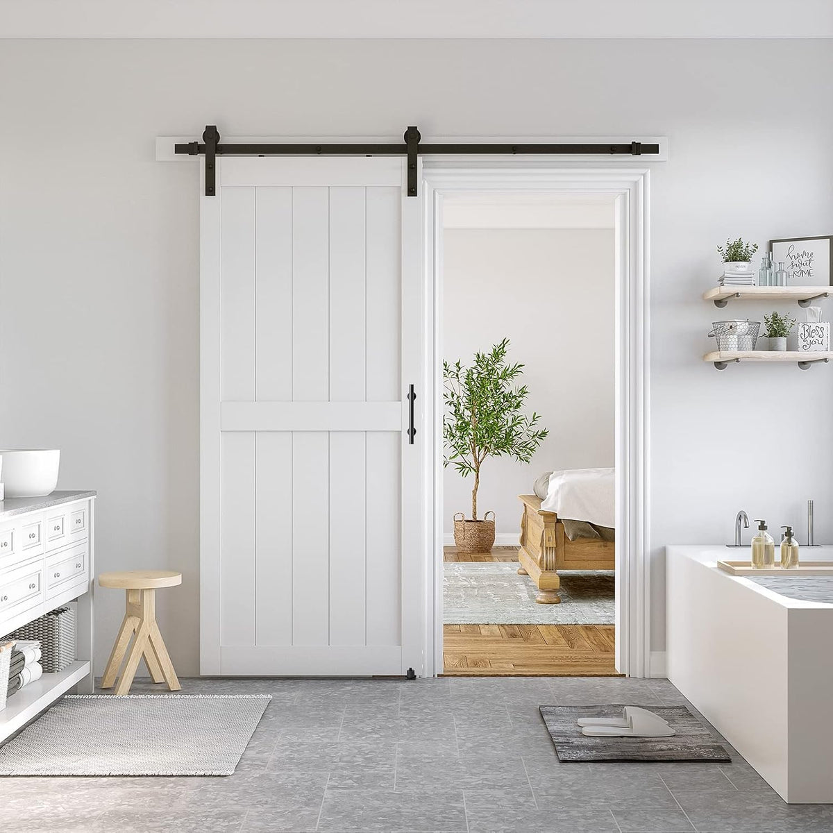 SMARTSTANDARD 38" x 84" White Sliding Barn Door with 6.6FT Black Hardware
