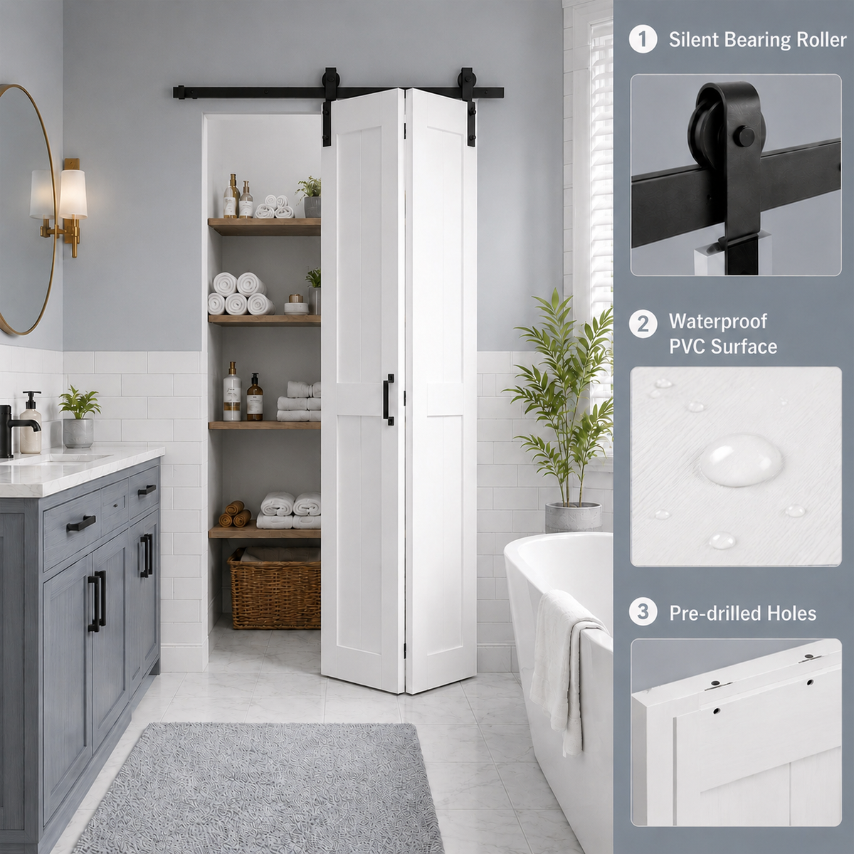 SMARTSTANDARD 56" x 84" H-Shape Bifold Barn Door with Hardware Kits, Double 28" MDF Panels Bi-Fold Closet Doors, Waterproof PVC Surface, Pre-Drilled Folding Doors for Bedroom Pantry