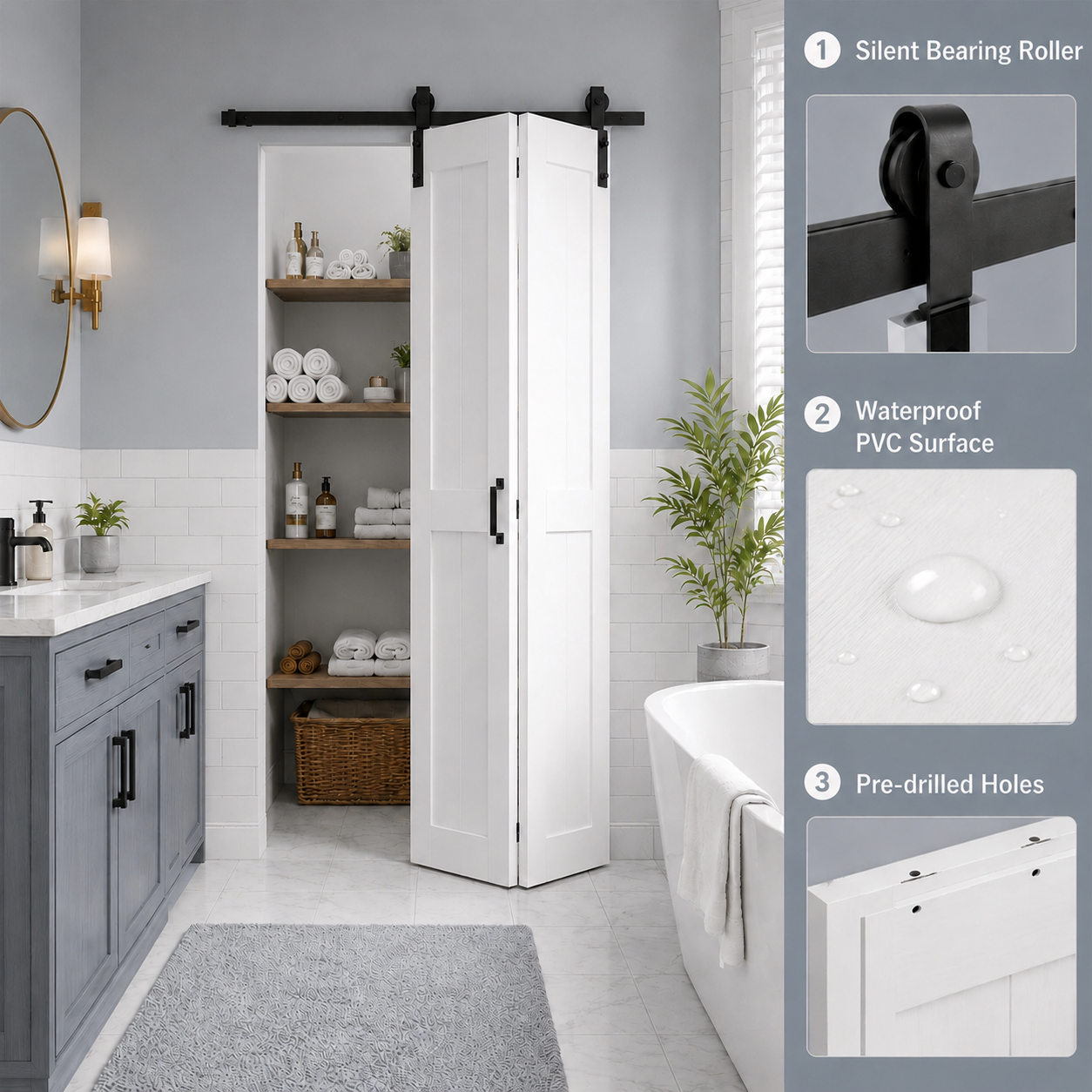 SMARTSTANDARD 40" x 84" H-Shape Bifold Barn Door with Hardware Kits | Double 20" MDF Panels Bi-Fold Closet Doors, Waterproof PVC Surface, Pre-Drilled Folding Doors for Bedroom Pantry