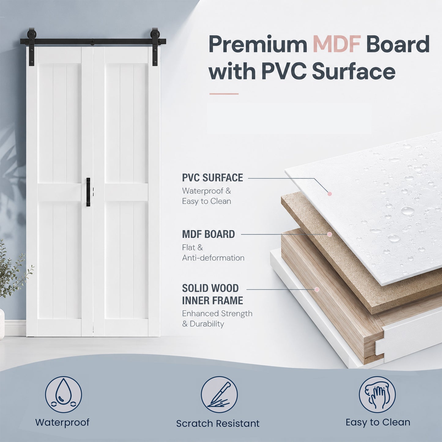 SMARTSTANDARD 30" x 84" H-Shape Bifold Barn Door with Hardware Kits | Double 15" MDF Panels Bi-Fold Closet Doors, Waterproof PVC Surface, Pre-Drilled Folding Doors for Bedroom Pantry