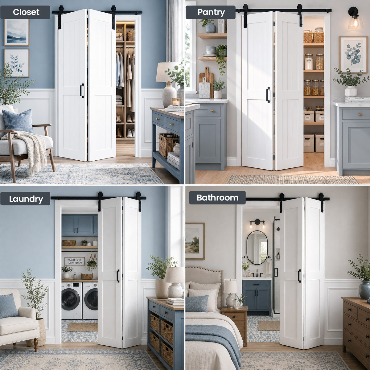SMARTSTANDARD 56" x 84" H-Shape Bifold Barn Door with Hardware Kits, Double 28" MDF Panels Bi-Fold Closet Doors, Waterproof PVC Surface, Pre-Drilled Folding Doors for Bedroom Pantry