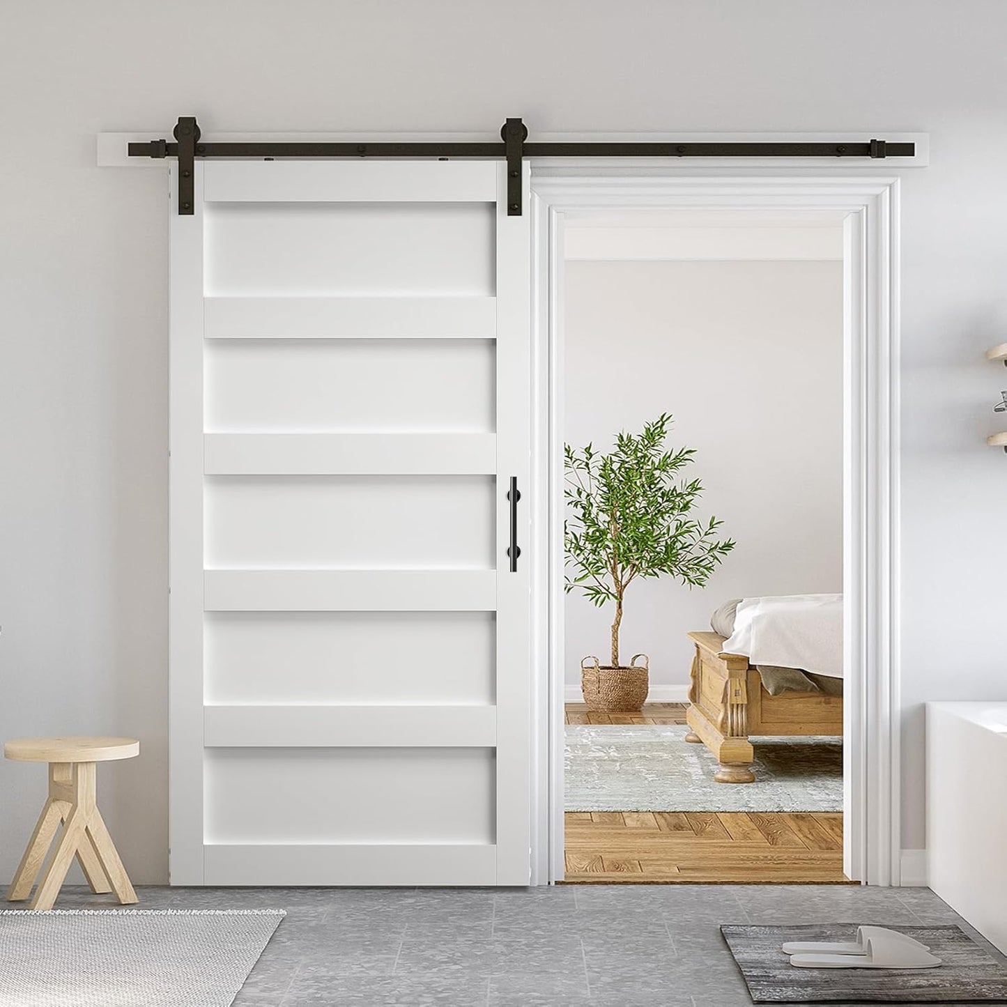 SmartStandard 40 x 84 in Glass Barn Door with 7FT Sliding Hardware Kit & Handle, Pre-Drilled Ready to Assemble, Waterproof PVC Coating, White, 5-Panel Glass