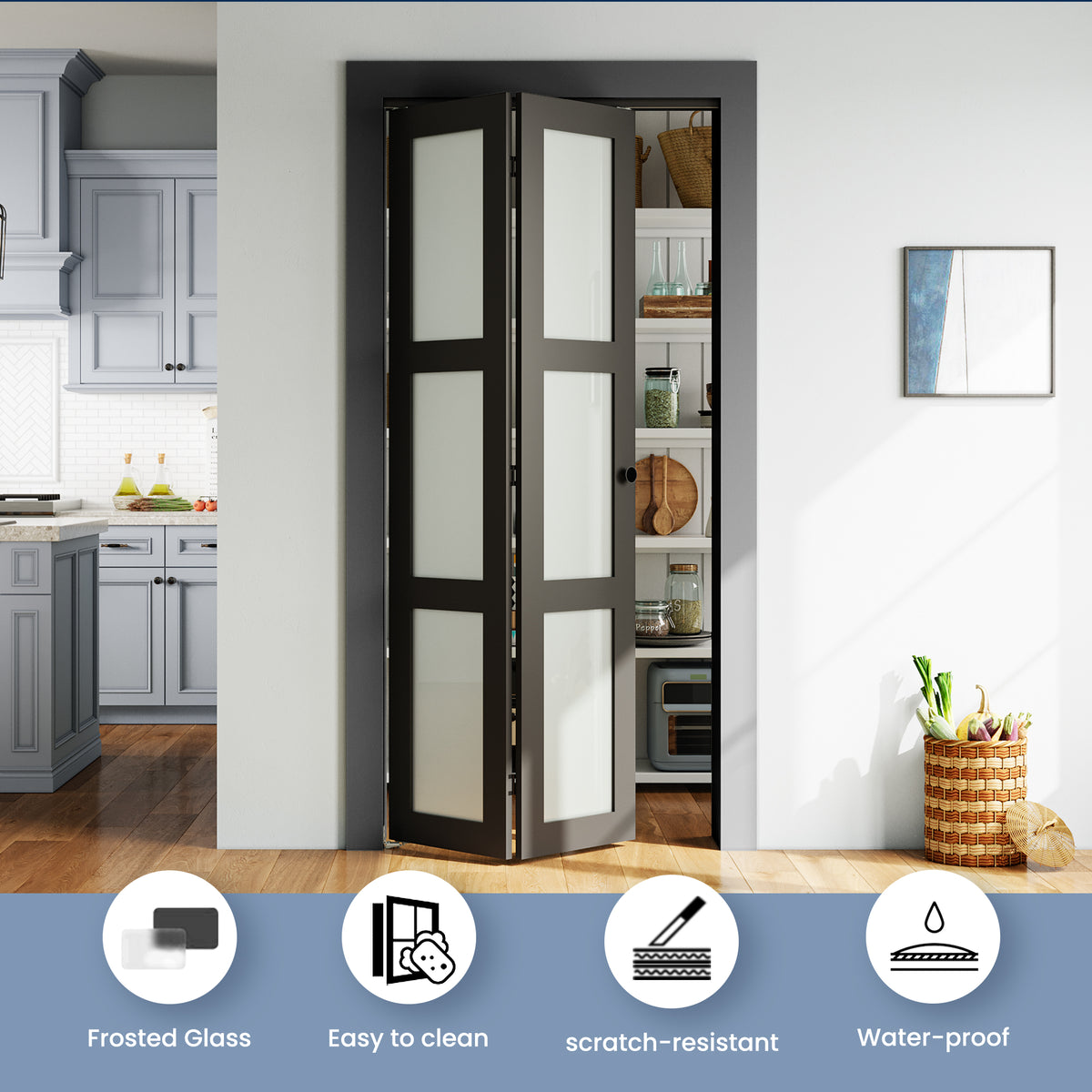 SMARTSTANDARD 32" x 80 Bifold Closet Door, Tempered Frosted Glass, Black, MDF, with Bi-fold Door Hardware Kit Included, Preassembled Panel, Water-Proof PVC Surface, Easy Install, Space-Saving