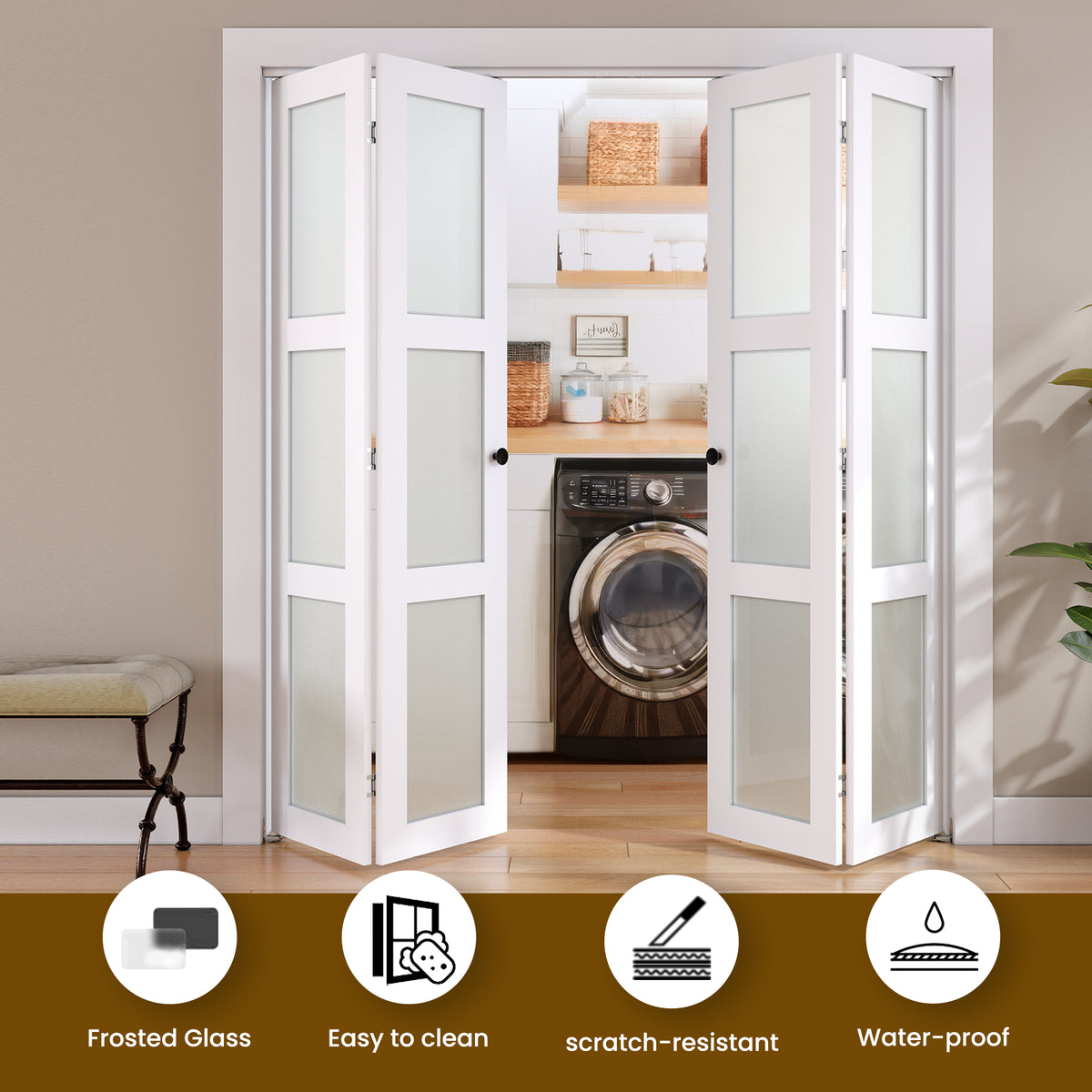 SMARTSTANDARD Bifold Door for 56"x 80" Opening, Tempered Frosted Glass, MDF, Closet Folding Doors with Hardware kit Included, White, Water-Proof PVC Surface, Easy Install, Space-Saving