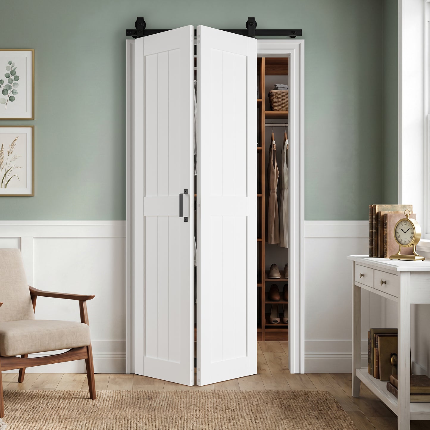 SMARTSTANDARD Bifold Barn Door H-Shape ，Bi-Fold Sliding Closet Doors with Hardware Kit，MDF Wood Door with PVC Surface，Waterproof & Sliding Smooth Bifold Doors for Closet,Living Room, Bedroom