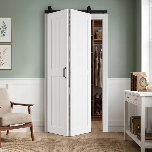 SMARTSTANDARD Bifold Barn Door H-Shape ，Bi-Fold Sliding Closet Doors with Hardware Kit，MDF Wood Door with PVC Surface，Waterproof & Sliding Smooth Bifold Doors for Closet,Living Room, Bedroom