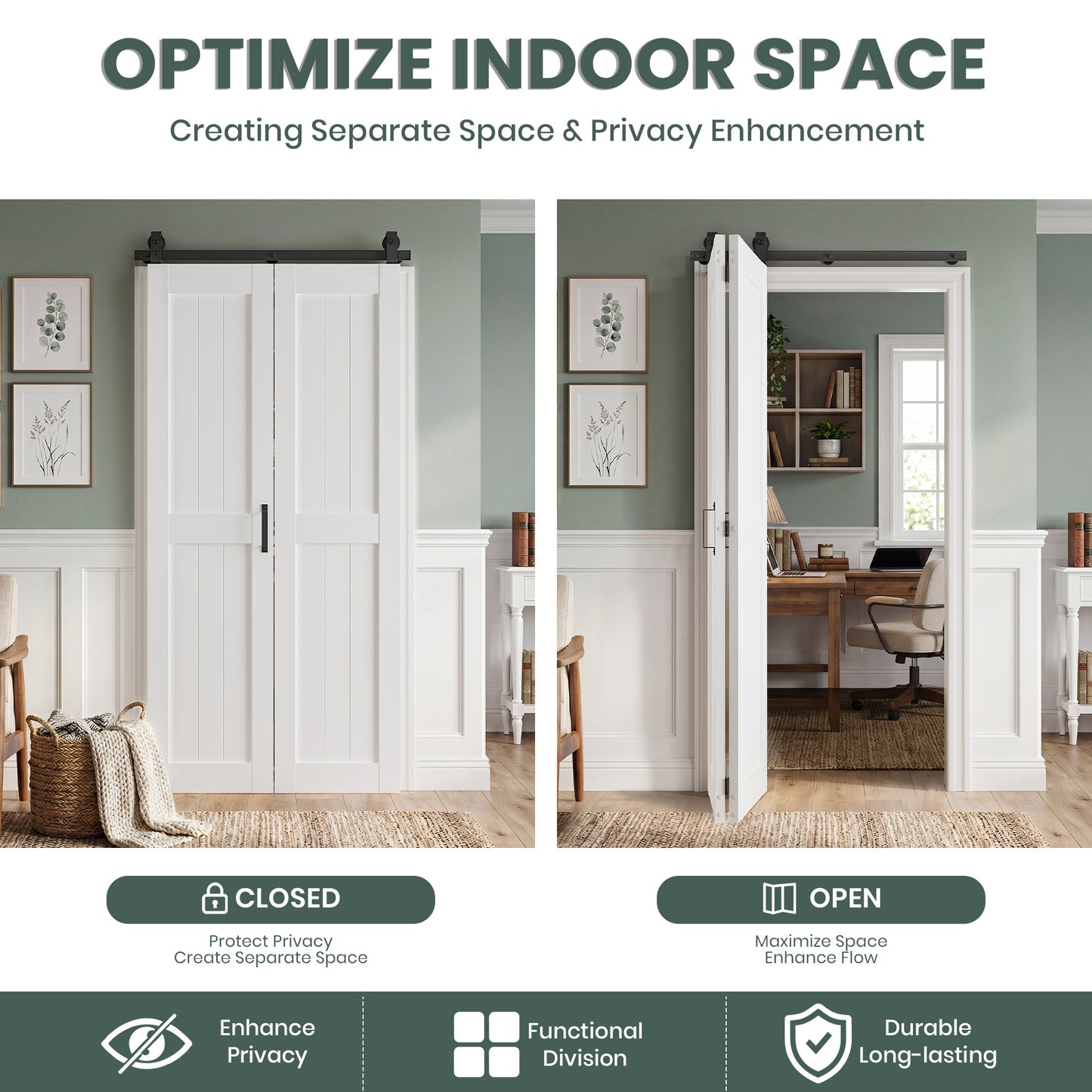 SMARTSTANDARD Bifold Barn Door H-Shape ，Bi-Fold Sliding Closet Doors with Hardware Kit，MDF Wood Door with PVC Surface，Waterproof & Sliding Smooth Bifold Doors for Closet,Living Room, Bedroom