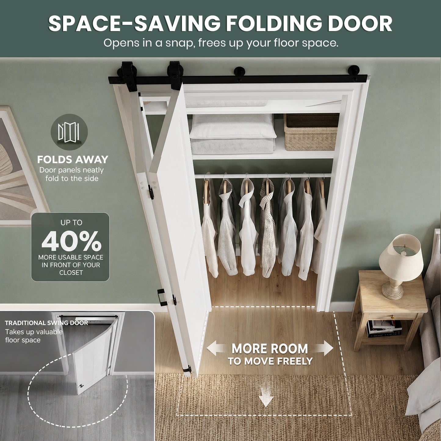 SMARTSTANDARD Bifold Barn Door H-Shape ，Bi-Fold Sliding Closet Doors with Hardware Kit，MDF Wood Door with PVC Surface，Waterproof & Sliding Smooth Bifold Doors for Closet,Living Room, Bedroom