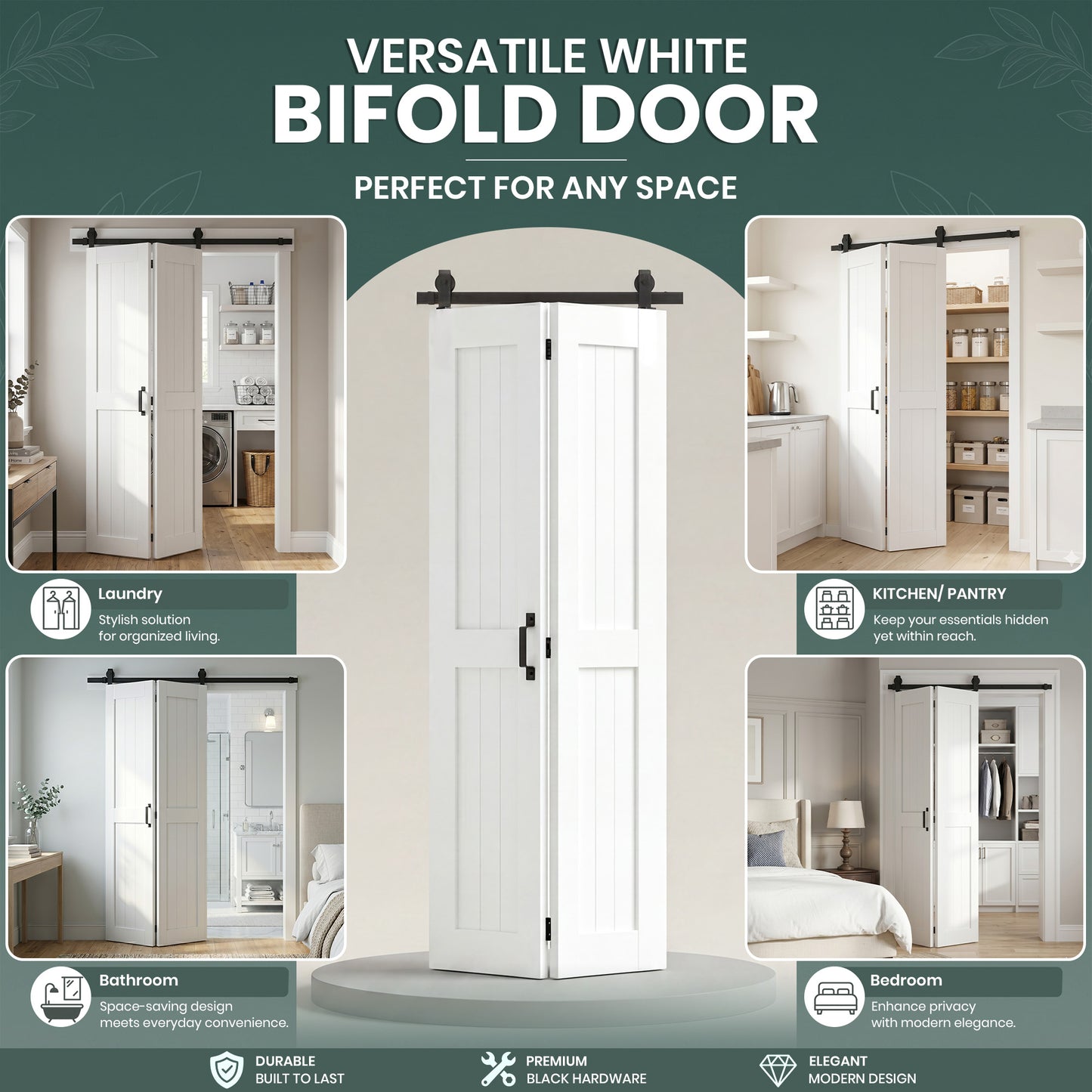 SMARTSTANDARD Bifold Barn Door H-Shape ，Bi-Fold Sliding Closet Doors with Hardware Kit，MDF Wood Door with PVC Surface，Waterproof & Sliding Smooth Bifold Doors for Closet,Living Room, Bedroom