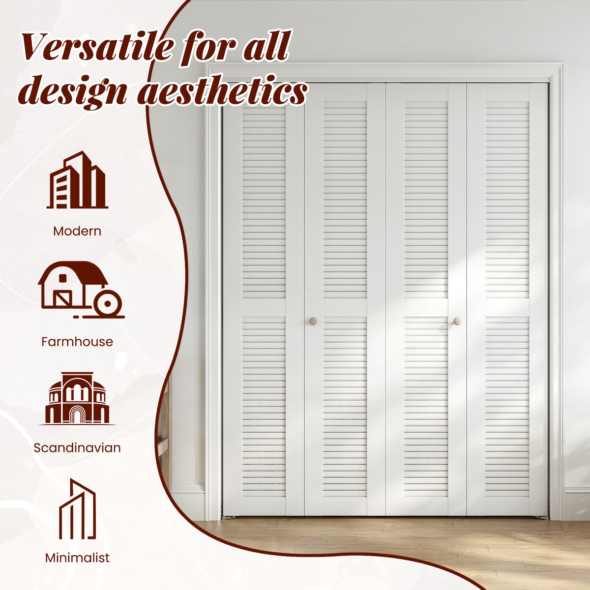 SMARTSTANDARD 56" x 80" Louvered Bifold Closet Door, MDF, White, Pre-Assembled Folding Doors with Hardware Kit, Easy Installation for Bedroom Pantry, Water-Proof PVC Surface, Space-Saving