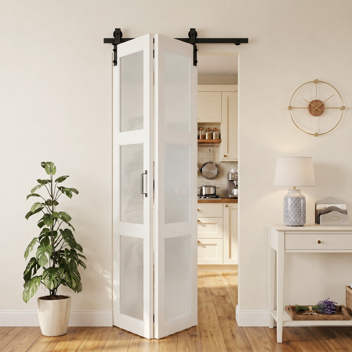 SMARTSTANDARD 28" x 84" (Double 14") Bifold Barn Door with Hardware Kit | MDF Bifold Closet Doors, 3-Lite Frosted Glass Panels, Pre-Drilled, Waterproof PVC Coated Folding Door for Pantry, Bedroom