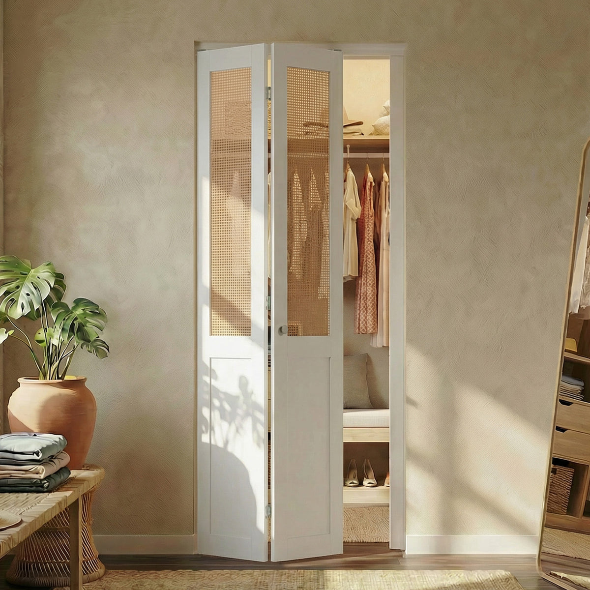 SMARTSTANDARD Rattan Bifold Closet Door for 30"x80" Opening, MDF, White, Preassembled Panel, MDF& Webbing Surface, Easy to Install with Hardware Kit for Wardrobe Closet Pantry Bedroom
