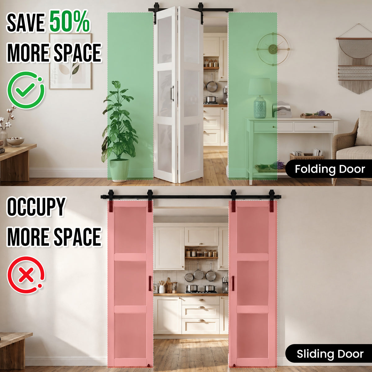 SMARTSTANDARD 28" x 84" (Double 14") Bifold Barn Door with Hardware Kit | MDF Bifold Closet Doors, 3-Lite Frosted Glass Panels, Pre-Drilled, Waterproof PVC Coated Folding Door for Pantry, Bedroom