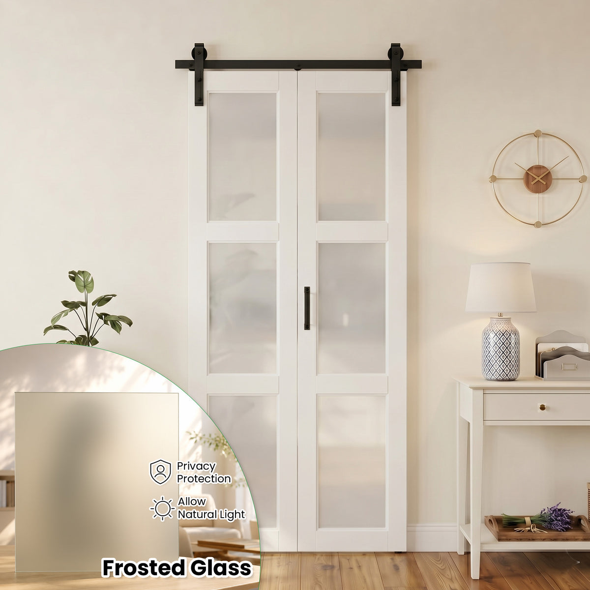 SMARTSTANDARD 24" x 84" (Double 12") Bifold Barn Door with Hardware Kit, MDF Bifold Closet Doors, 3-Lite Frosted Glass Panels, Pre-Drilled, Waterproof PVC Coated Folding Door for Pantry, Laundry