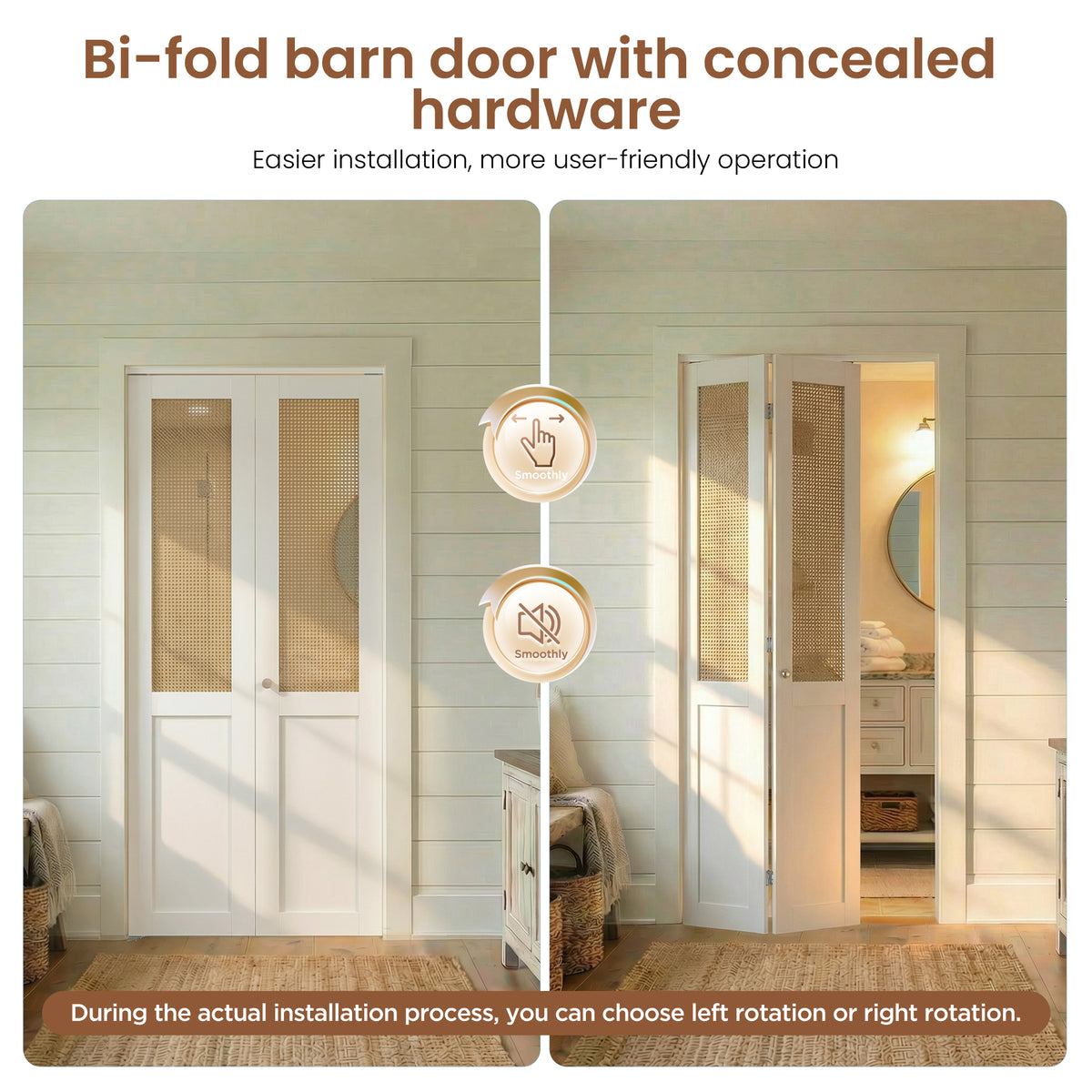 SMARTSTANDARD Rattan Bifold Closet Door for 30"x80" Opening, MDF, White, Preassembled Panel, MDF& Webbing Surface, Easy to Install with Hardware Kit for Wardrobe Closet Pantry Bedroom