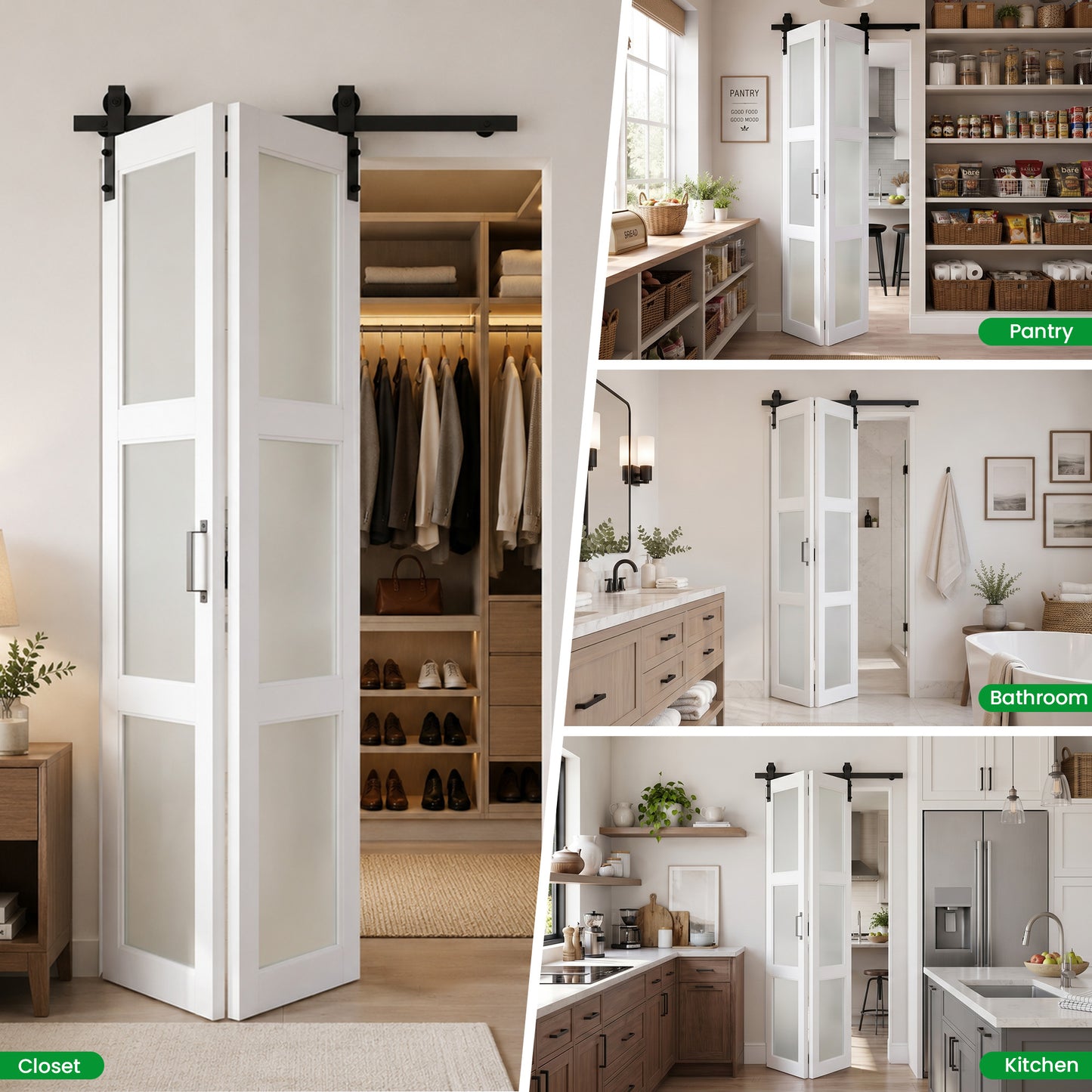 SMARTSTANDARD 36" x 84" Bifold Barn Door, 3-Lite Frosted Glass Panels | Double 18" MDF Folding Door, Hardware Kit Included, Bi-fold Closet Barn Doors for Bedrooms, Pantry, Pre-Drilled, Easy Install