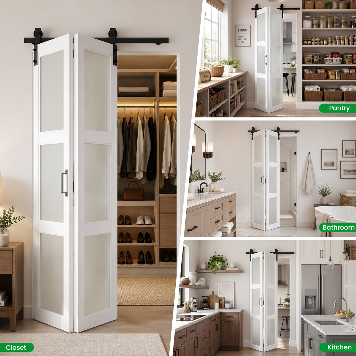 SMARTSTANDARD 24" x 84" (Double 12") Bifold Barn Door with Hardware Kit, MDF Bifold Closet Doors, 3-Lite Frosted Glass Panels, Pre-Drilled, Waterproof PVC Coated Folding Door for Pantry, Laundry