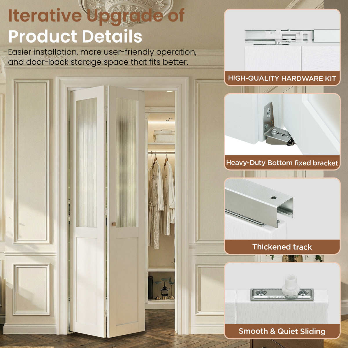 SMARTSTANDARD 24" x 80" Reeded Glass Bifold Closet Doors, Preassembled, MDF, Water-Proof PVC Surface, Half Tempered Glass with Hardware Kit, White Interior Slab for Kitchen, Closet, Pantry, White