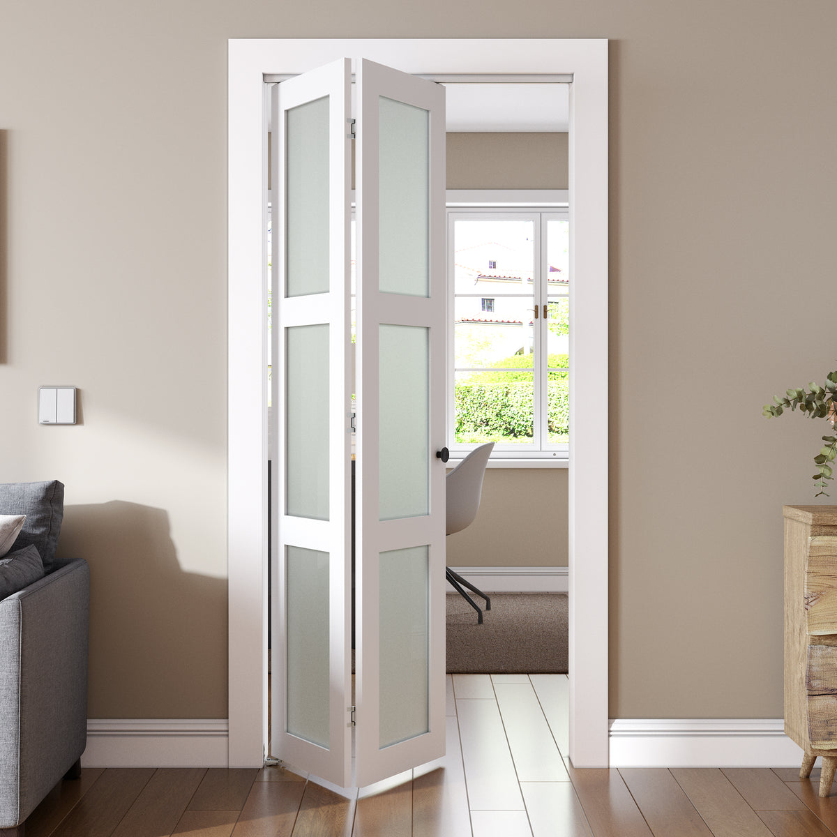 SMARTSTANDARD Bifold Door for 30"x 80" Opening, Tempered Frosted Glass, MDF, Closet Folding Doors with Hardware kit Included, White, Water-Proof PVC Surface, Easy Install, Space-Saving