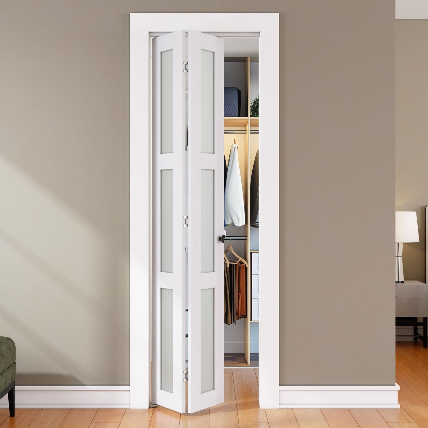 SMARTSTANDARD Bifold Door for 24"x 80" Opening, Tempered Frosted Glass, MDF