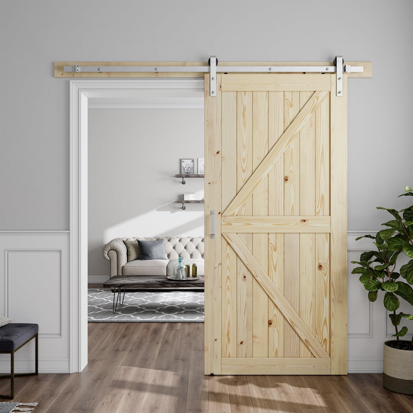 SMARTSTANDARD 40in x 84in Sliding Barn Door with Brushed Nickel Hardware | 7FT Track Kit & Handle, Assembly is Required, DIY Unfinished Solid Spruce Wood Panelled Slab, K-Frame