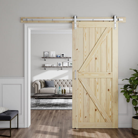 SMARTSTANDARD 36in x 80in Sliding Barn Door with Brushed Nickel Hardware 6.6FT Track Kit & Handle, Assembly is Required, DIY Unfinished Solid Spruce Wood Panelled Slab, K-Frame
