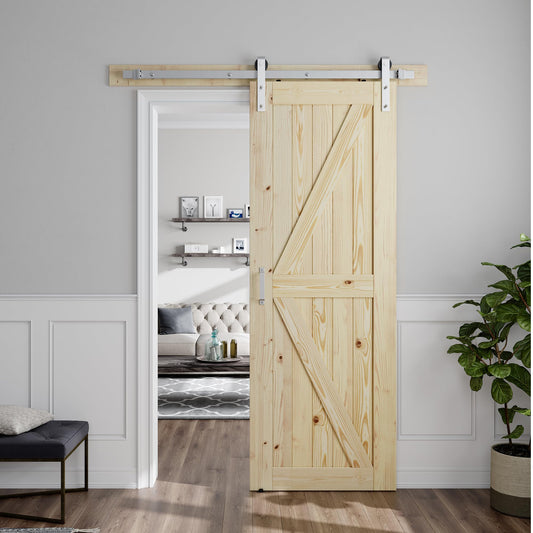 SMARTSTANDARD 30in x 84in Sliding Barn Door with Brushed Nickel Hardware | 5FT Track Kit & Handle, Assembly is Required, DIY Unfinished Solid Spruce Wood Panelled Slab, K-Frame