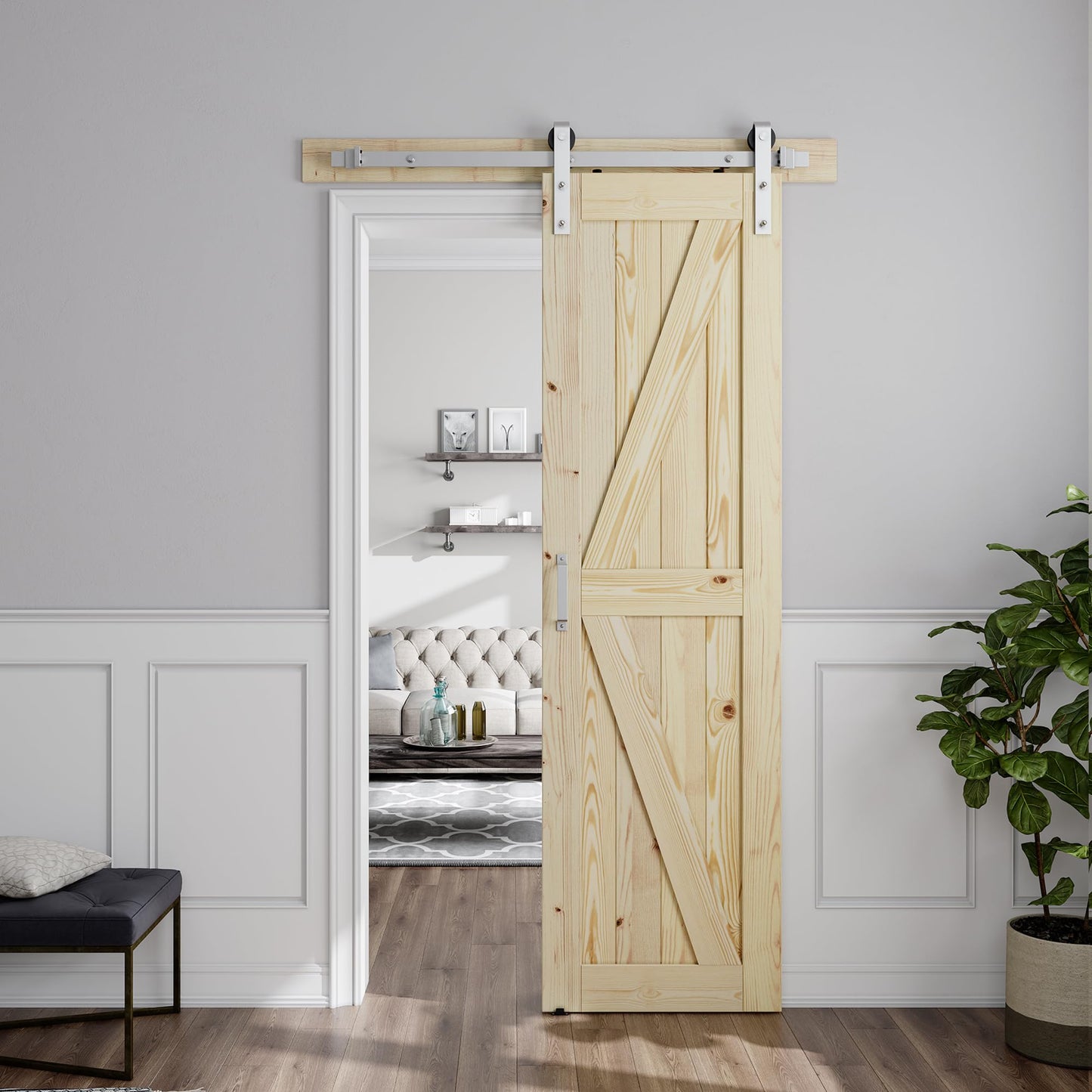 SMARTSTANDARD 26in x 84in Sliding Barn Door with Brushed Nickel Hardware | 5FT Track Kit & Handle, Assembly is Required, DIY Unfinished Solid Spruce Wood Panelled Slab, K-Frame
