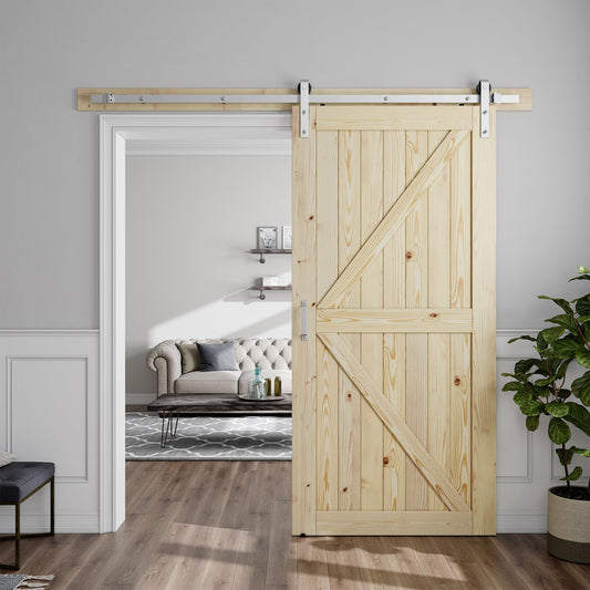 SMARTSTANDARD 42in x 84in Sliding Barn Door with Brushed Nickel Hardware | 7FT Track Kit & Handle, Assembly is Required, DIY Unfinished Solid Spruce Wood Panelled Slab, K-Frame