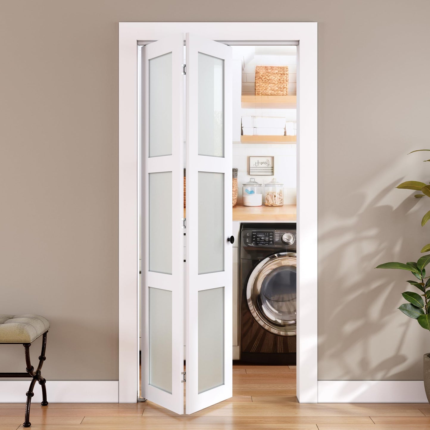 SMARTSTANDARD Bifold Door for 24"x 80" Opening, Tempered Frosted Glass, MDF
