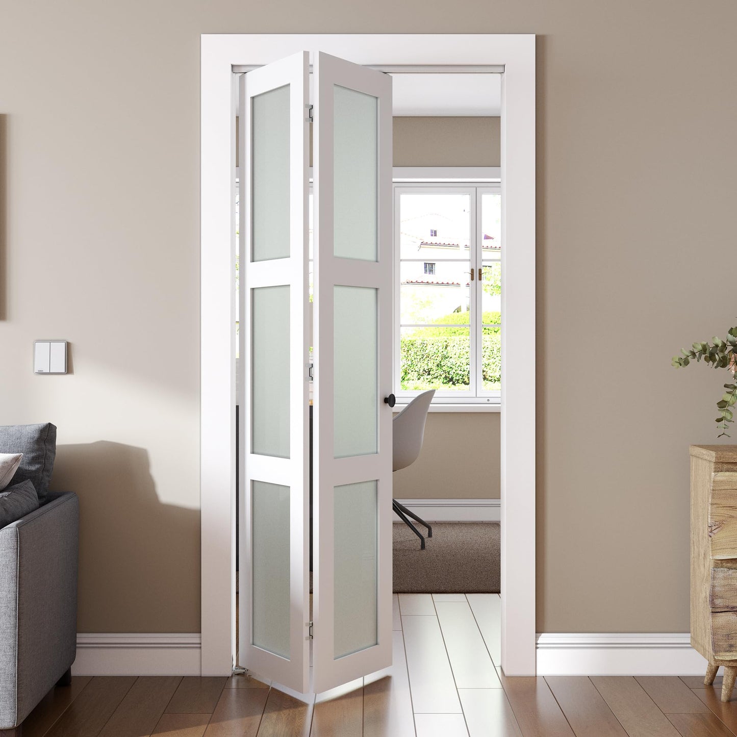 SMARTSTANDARD Bifold Door for 24"x 80" Opening, Tempered Frosted Glass, MDF