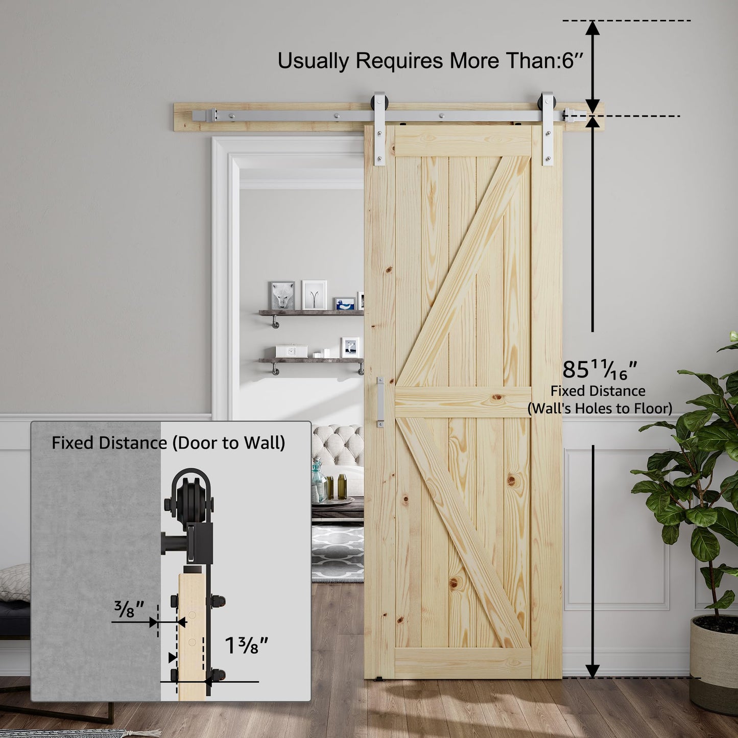 SMARTSTANDARD 30in x 84in Sliding Barn Door with Brushed Nickel Hardware | 5FT Track Kit & Handle, Assembly is Required, DIY Unfinished Solid Spruce Wood Panelled Slab, K-Frame