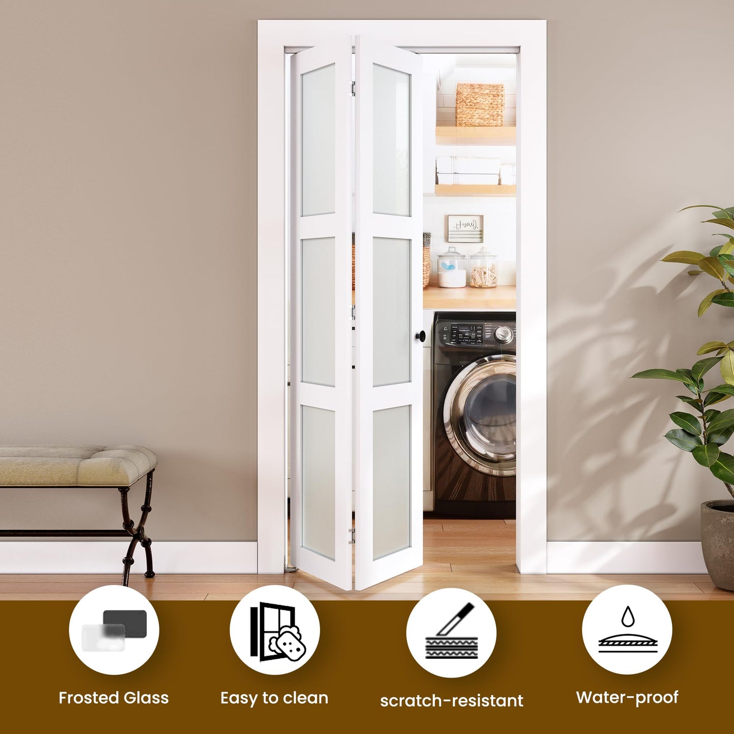 SMARTSTANDARD Bifold Door for 24"x 80" Opening, Tempered Frosted Glass, MDF