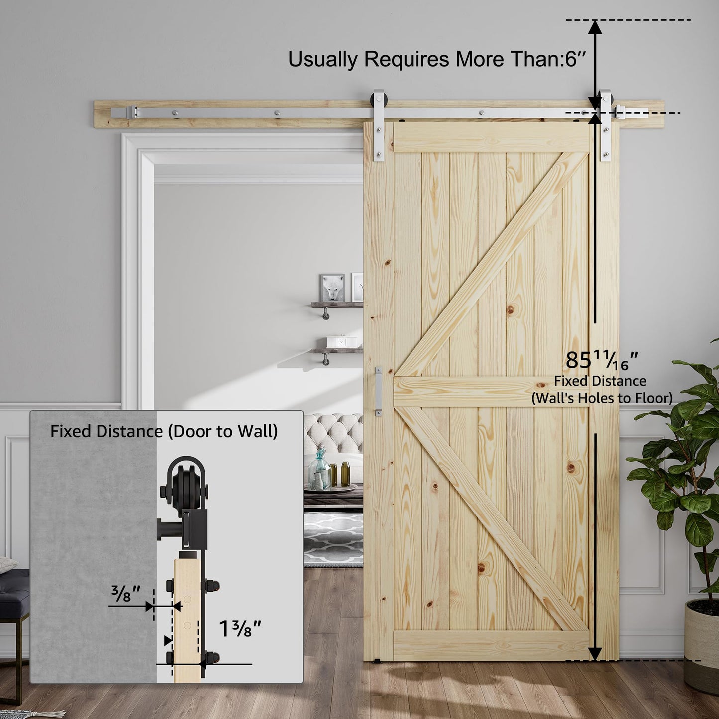 SMARTSTANDARD 42in x 84in Sliding Barn Door with Brushed Nickel Hardware | 7FT Track Kit & Handle, Assembly is Required, DIY Unfinished Solid Spruce Wood Panelled Slab, K-Frame