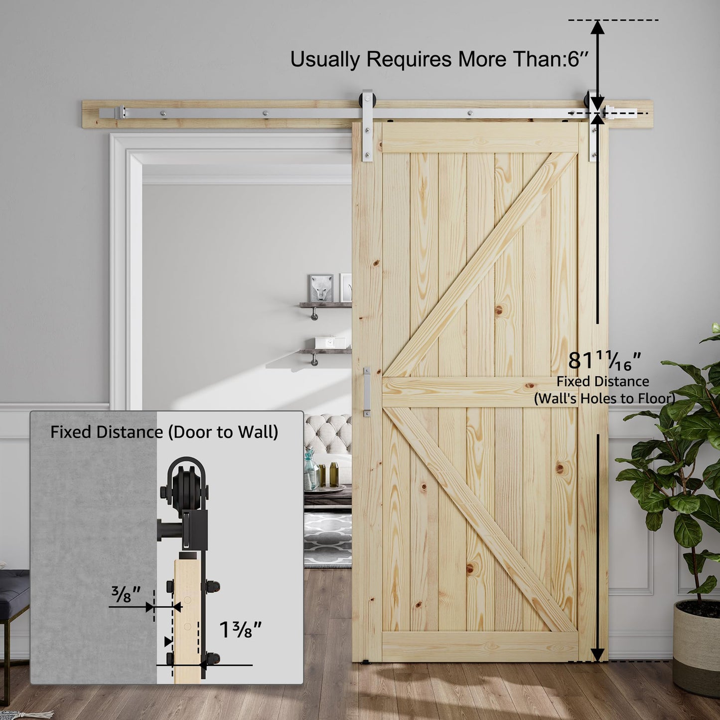 SMARTSTANDARD 42in x 80in Sliding Barn Door with Brushed Nickel Hardware | 7FT Track Kit & Handle, Assembly is Required, DIY Unfinished Solid Spruce Wood Panelled Slab, K-Frame