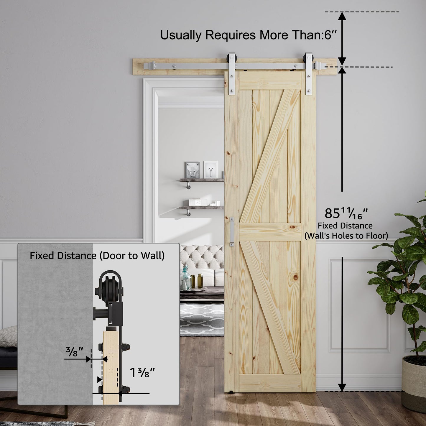 SMARTSTANDARD 26in x 84in Sliding Barn Door with Brushed Nickel Hardware | 5FT Track Kit & Handle, Assembly is Required, DIY Unfinished Solid Spruce Wood Panelled Slab, K-Frame