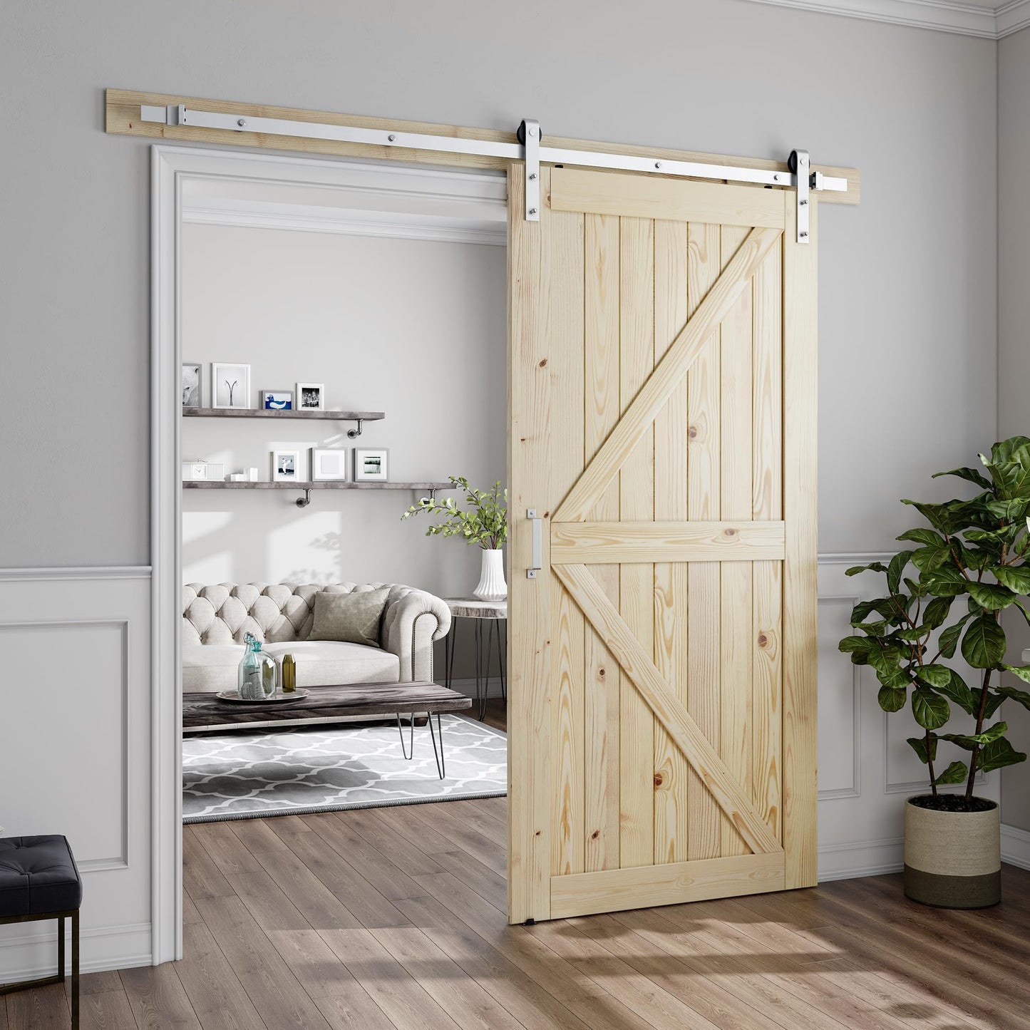 SMARTSTANDARD 40in x 84in Sliding Barn Door with Brushed Nickel Hardware | 7FT Track Kit & Handle, Assembly is Required, DIY Unfinished Solid Spruce Wood Panelled Slab, K-Frame