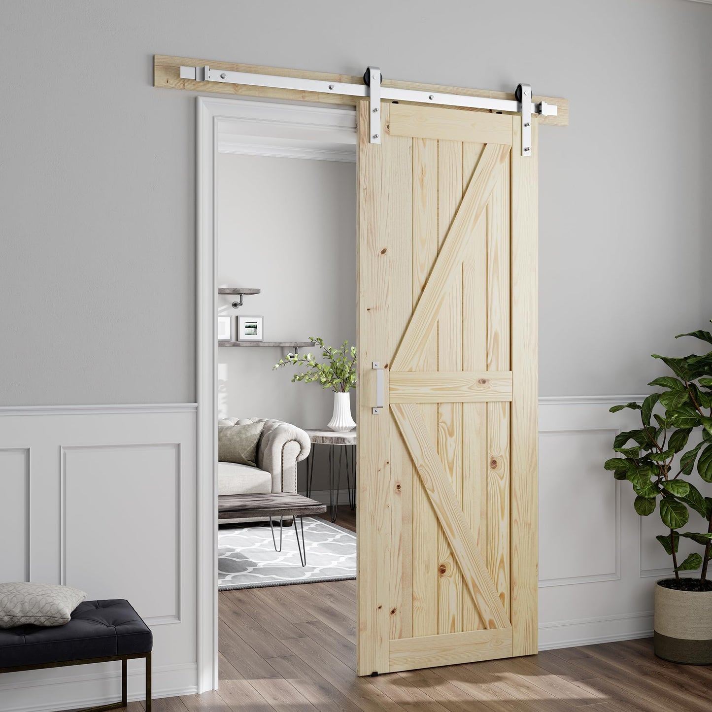 SMARTSTANDARD 26in x 84in Sliding Barn Door with Brushed Nickel Hardware | 5FT Track Kit & Handle, Assembly is Required, DIY Unfinished Solid Spruce Wood Panelled Slab, K-Frame
