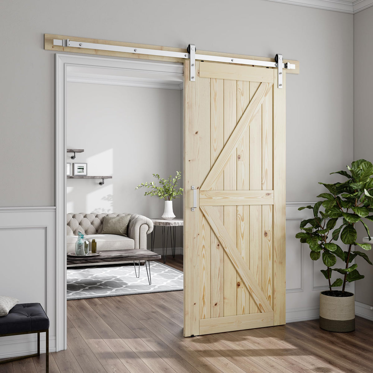 SMARTSTANDARD 36in x 80in Sliding Barn Door with Brushed Nickel Hardware 6.6FT Track Kit & Handle, Assembly is Required, DIY Unfinished Solid Spruce Wood Panelled Slab, K-Frame