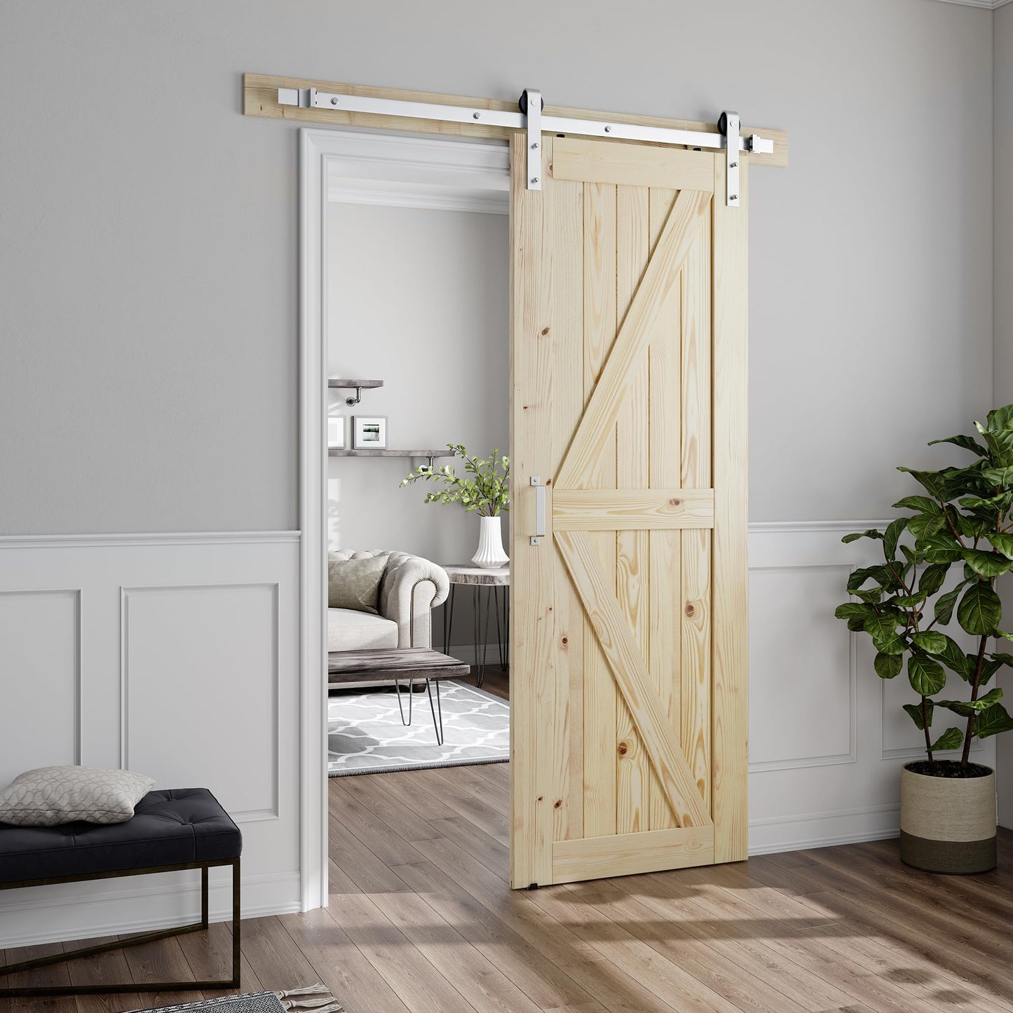 SMARTSTANDARD 30in x 84in Sliding Barn Door with Brushed Nickel Hardware | 5FT Track Kit & Handle, Assembly is Required, DIY Unfinished Solid Spruce Wood Panelled Slab, K-Frame