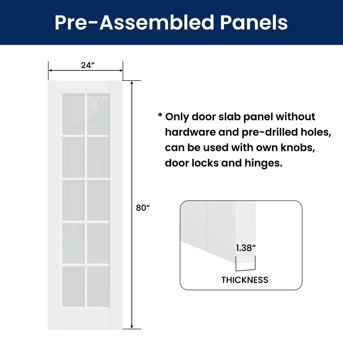 SMARTSTANDARD 24" x 80" Clear Glass French Interior Solid Core Door Slab