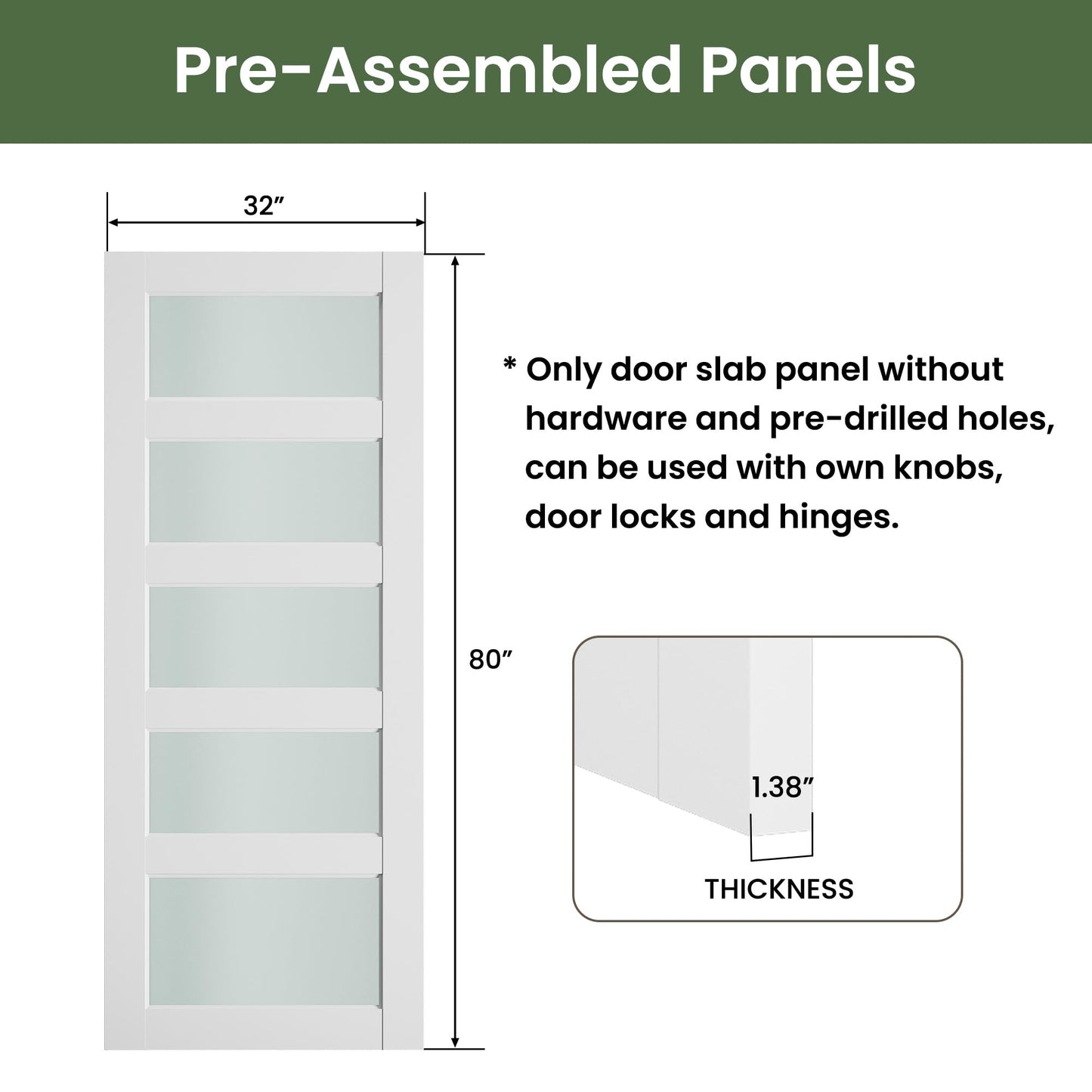SMARTSTANDARD 32" x 80" Frosted Glass Pantry Door, Solid Core Slab Door