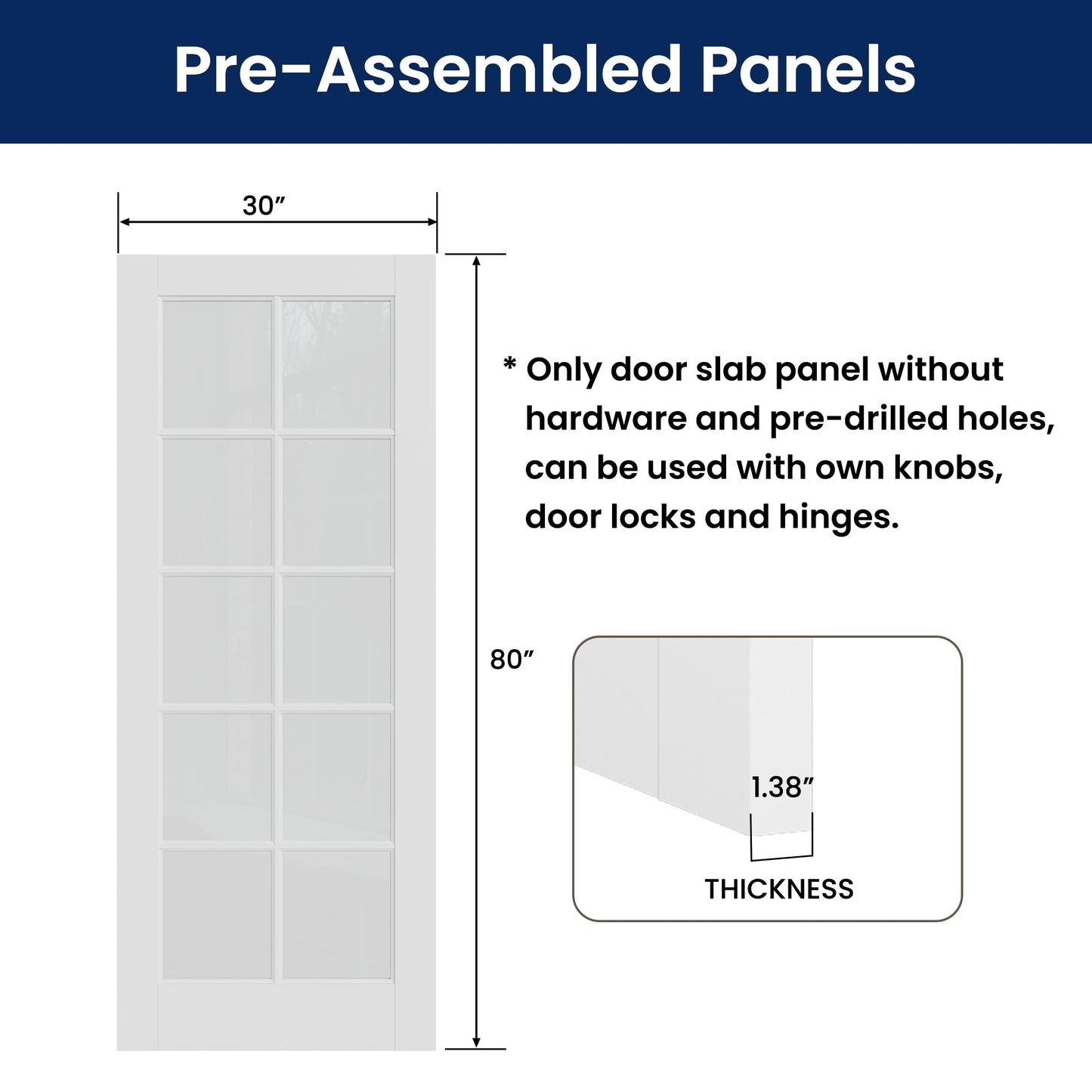 SMARTSTANDARD 30" x 80" Clear Glass French Interior Solid Core Door Slab