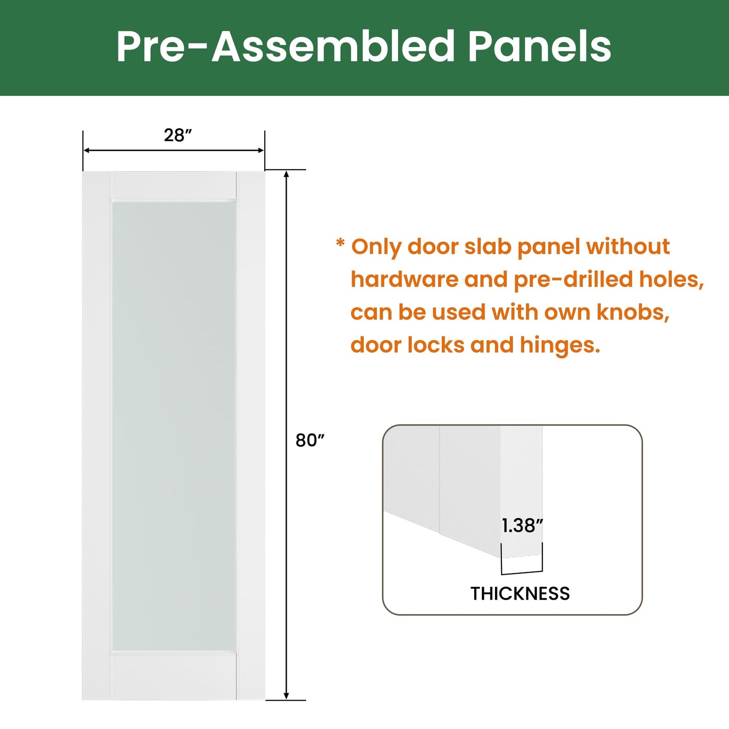 SMARTSTANDARD 28" x 80" Slab Door, Solid Core Frosted Glass Pantry Door