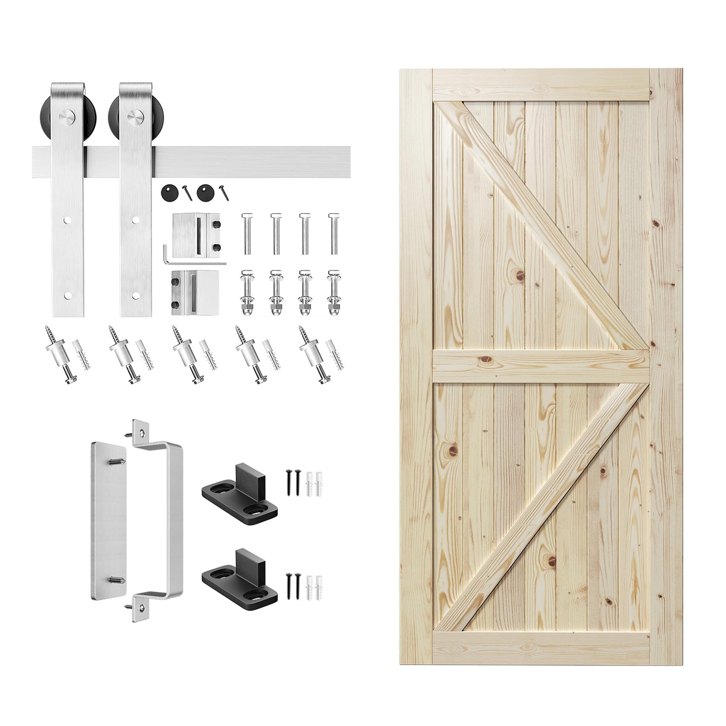 SMARTSTANDARD 40in x 84in Sliding Barn Door with Brushed Nickel Hardware | 7FT Track Kit & Handle, Assembly is Required, DIY Unfinished Solid Spruce Wood Panelled Slab, K-Frame
