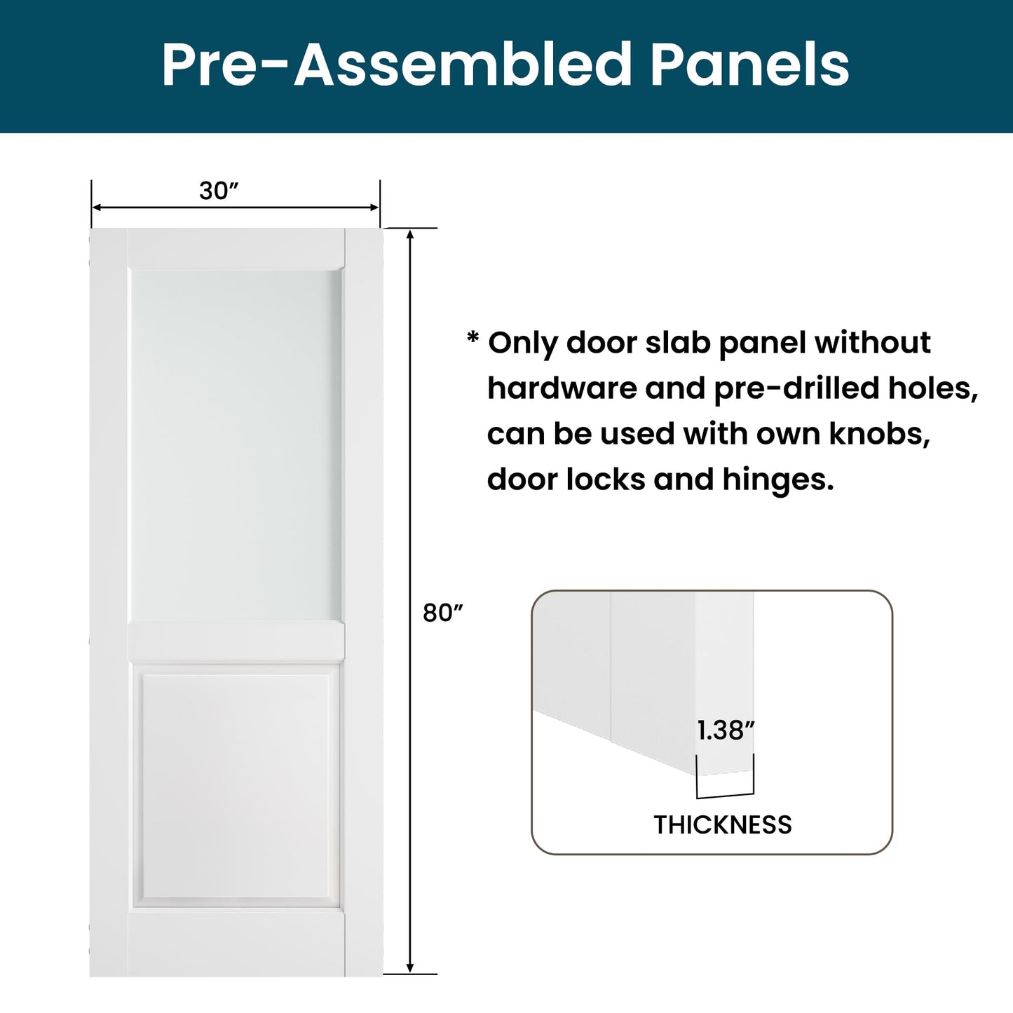 SMARTSTANDARD 30" x 80" Frosted Glass Interior Door Slab, Solid Core