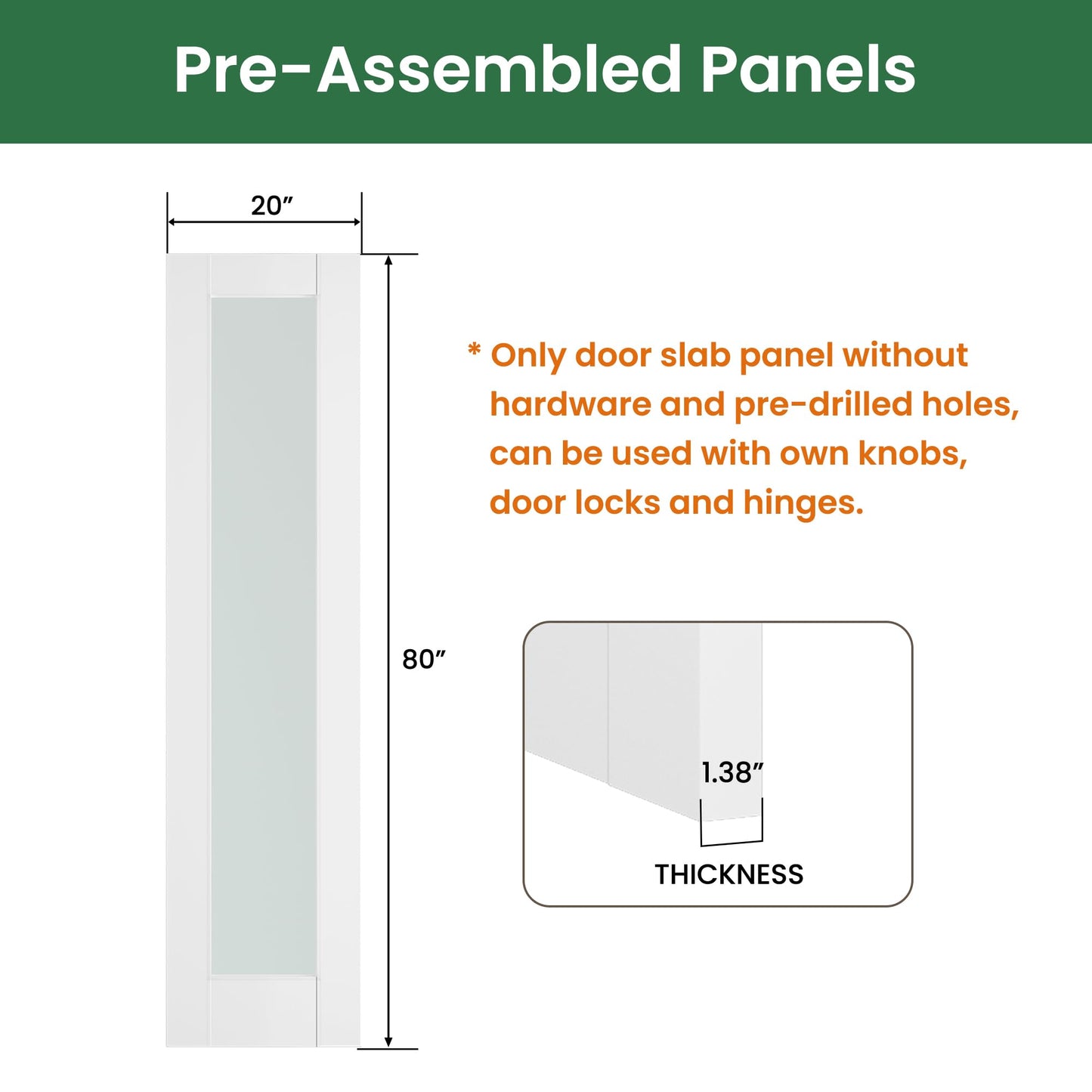 SMARTSTANDARD 20" x 80" Slab Door, Solid Core Frosted Glass Pantry Door