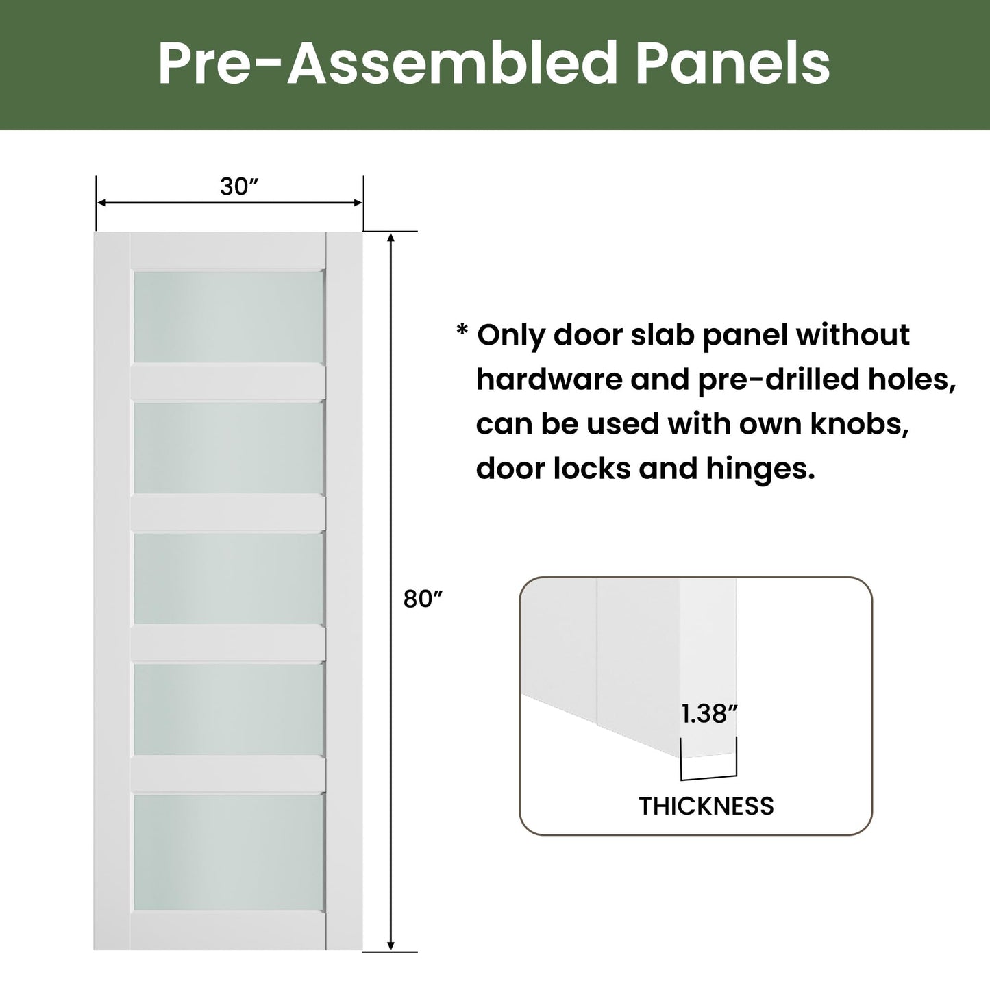SMARTSTANDARD 30" x 80" Frosted Glass Pantry Door, Solid Core Slab Door