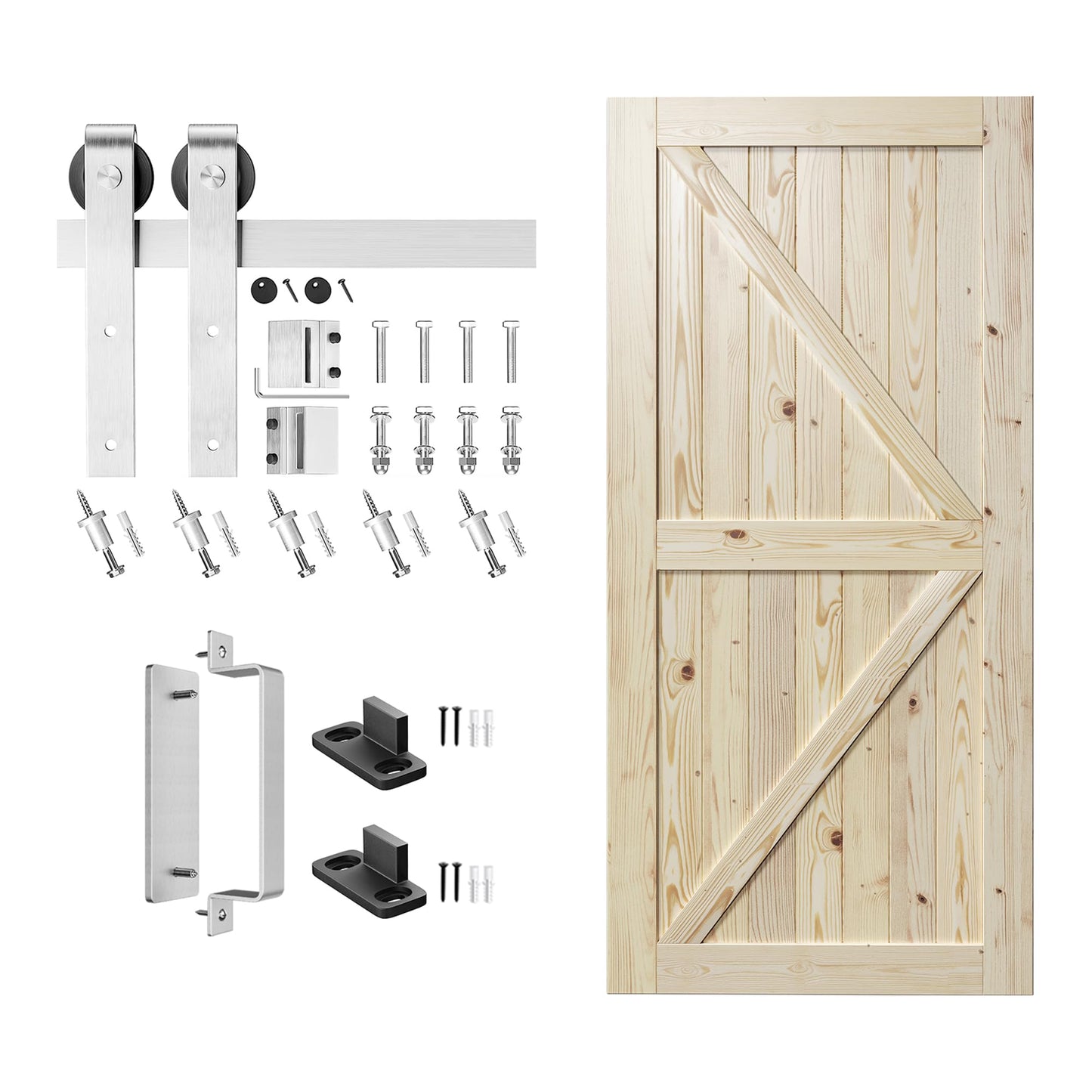 SMARTSTANDARD 42in x 80in Sliding Barn Door with Brushed Nickel Hardware | 7FT Track Kit & Handle, Assembly is Required, DIY Unfinished Solid Spruce Wood Panelled Slab, K-Frame