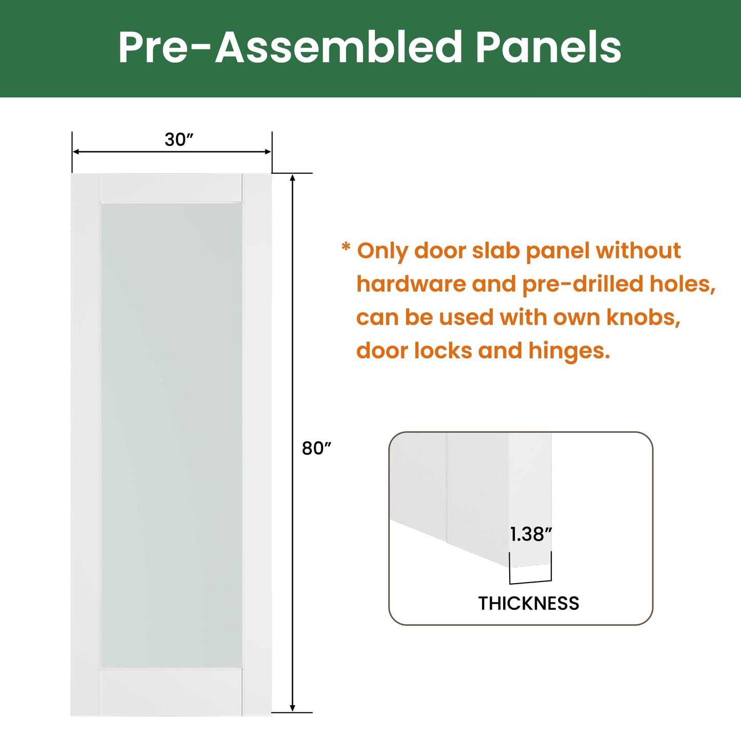 SMARTSTANDARD 30" x 80" Slab Door, Solid Core Frosted Glass Pantry Door